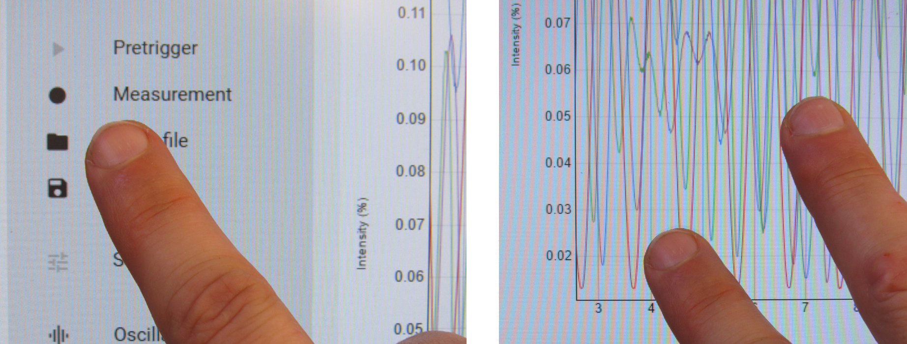 Images showing the touch operation of the iRHEED graphical user interface