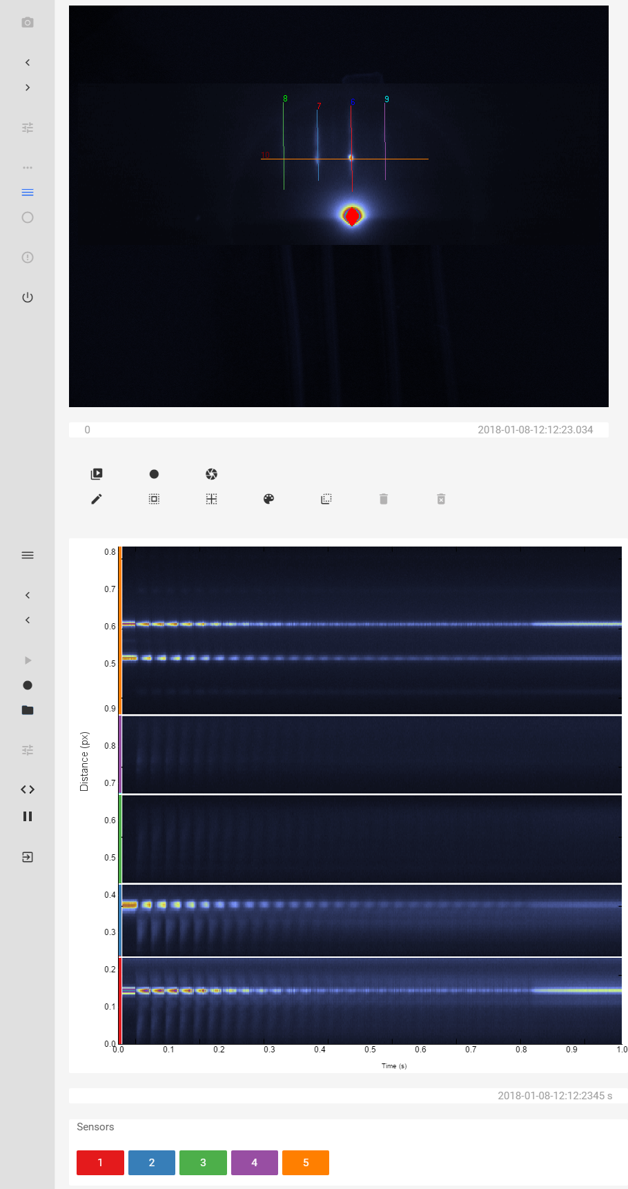 Screenshot of the latest iRHEED module, the line scan module. It shows the panel with the line intensities, shown vertically in false color representation as a function of time, and the buttons to access the various functions of this module