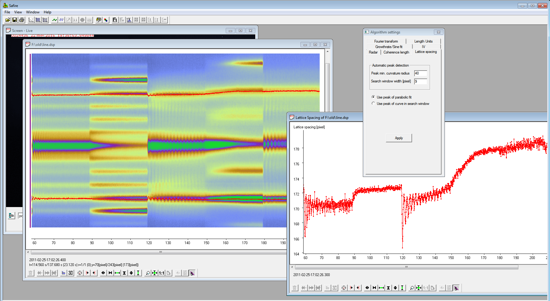 Main screen of the Safire RHEED analysis system with hidden camera window, line scan window and full width at half max result